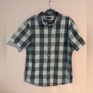 Modern Amusement Short Sleeve Plaid Button-Down Shirt in Mint and Black